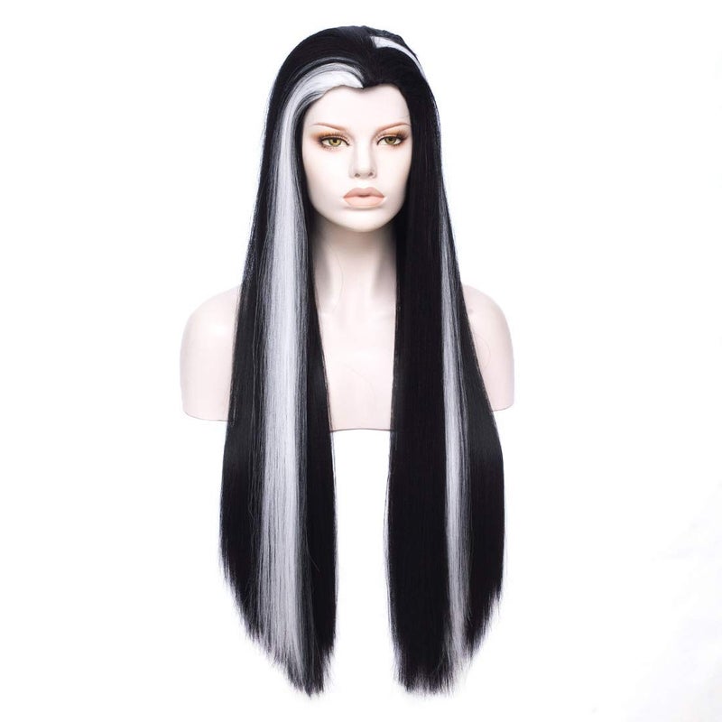 مورتيشا شعر مستعار طويل مستقيم باللونين الأبيض والأسود من MORTICIA بتصميم ذروة الأرملة للنساء - Image 1